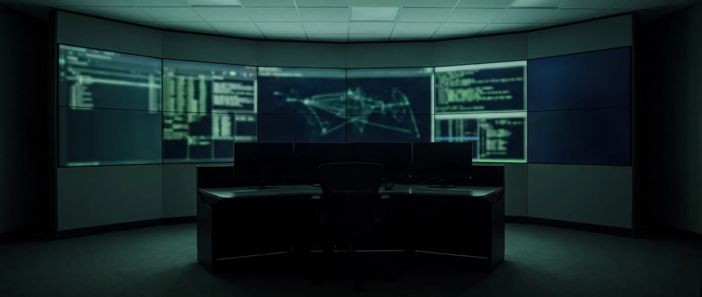 An unmanned network operations centre, a curved wall of dark monitors