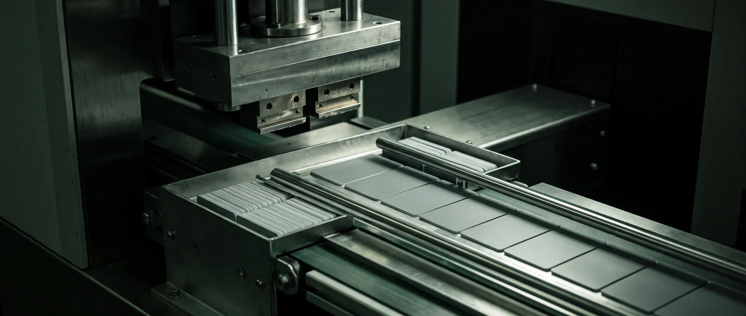 A card personalisation line, precision embossing head over blank cards