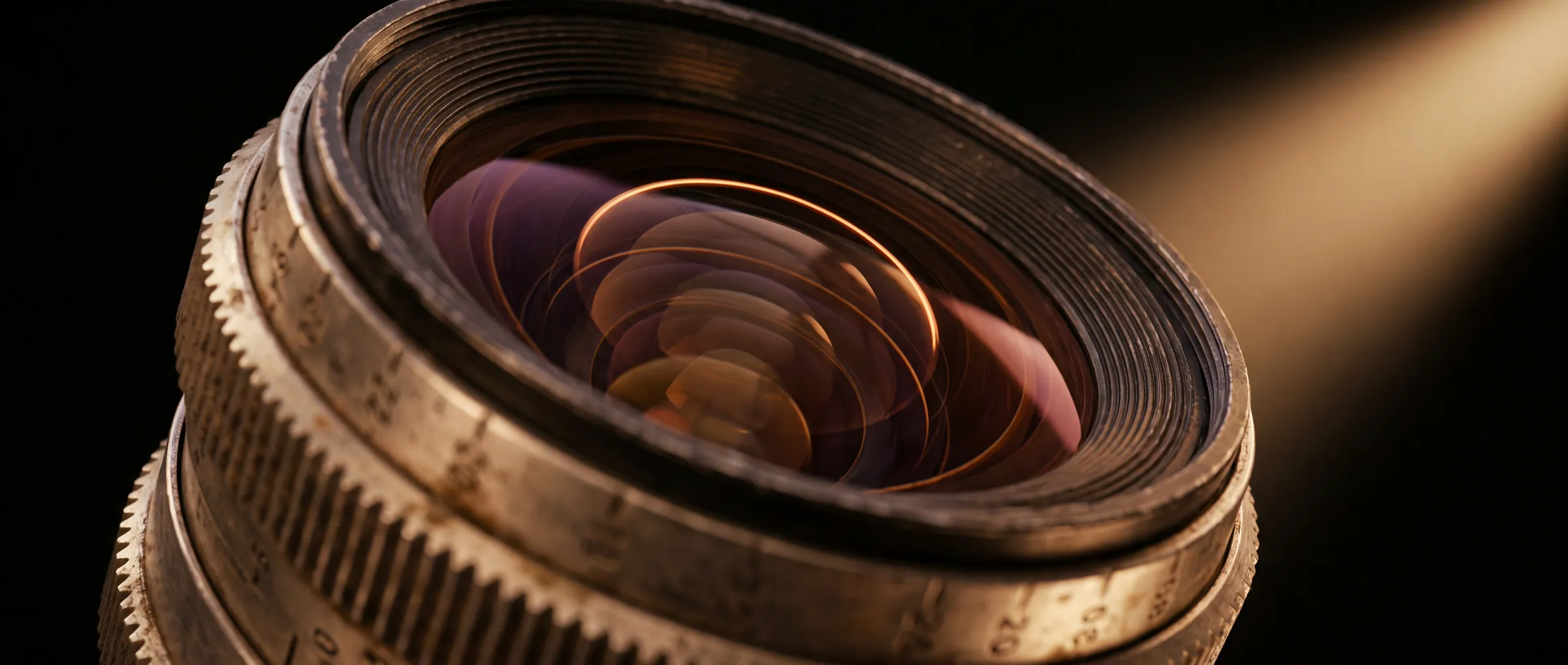 Macro of a cinema lens front element throwing a warm ring of reflection