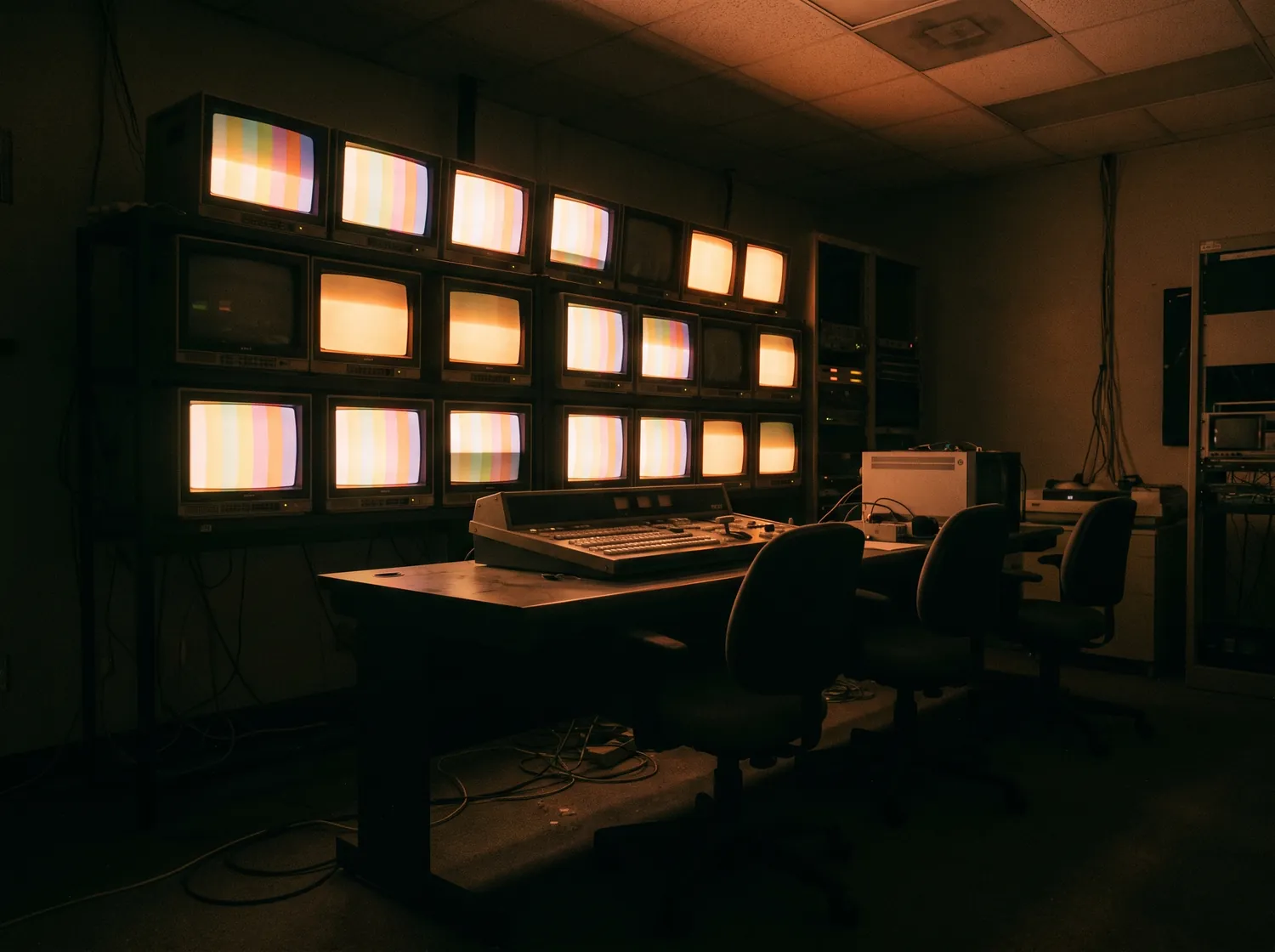 An unmanned broadcast control room, a tiered wall of monitors