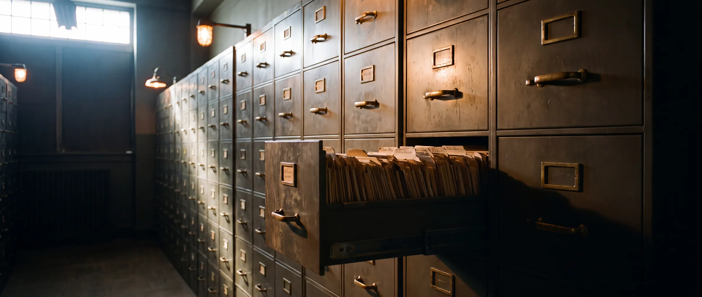 A records room wall of steel filing drawers, one drawer pulled open