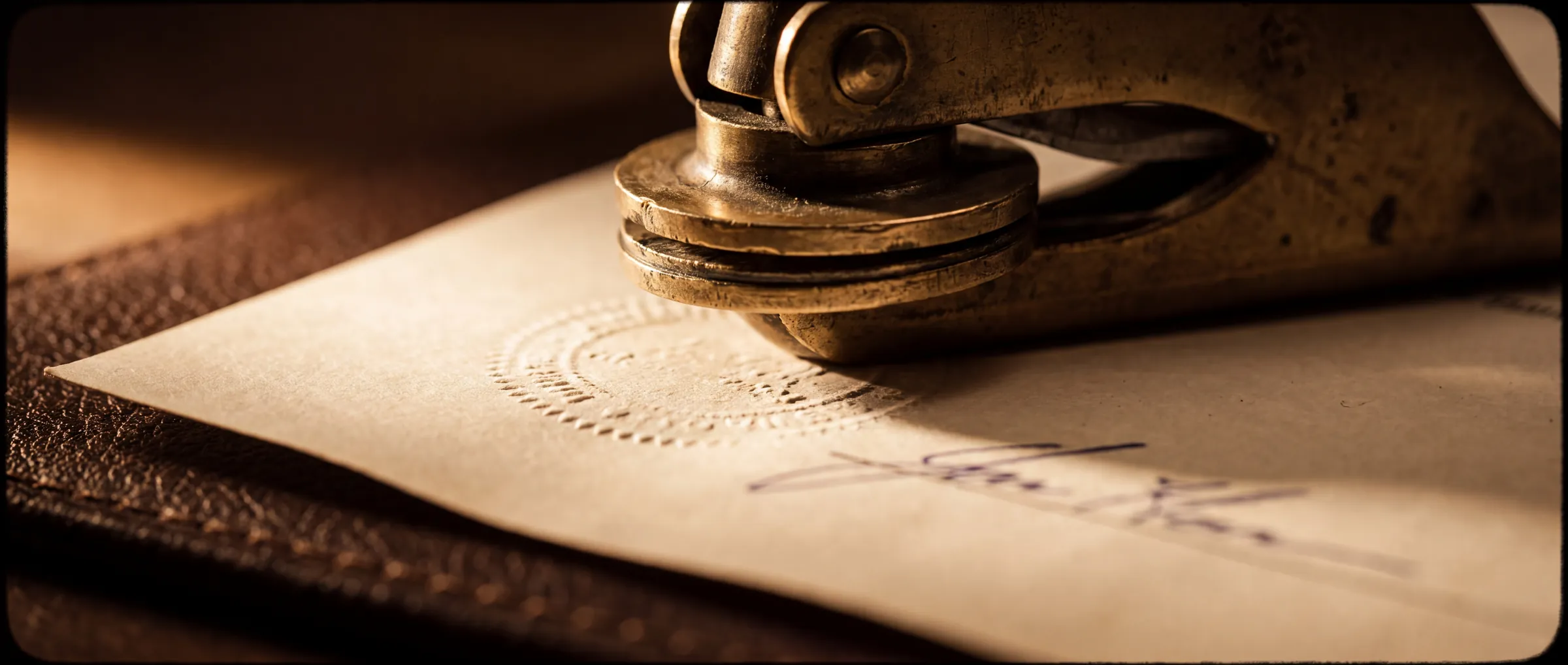 A brass notary embosser resting on a signature page