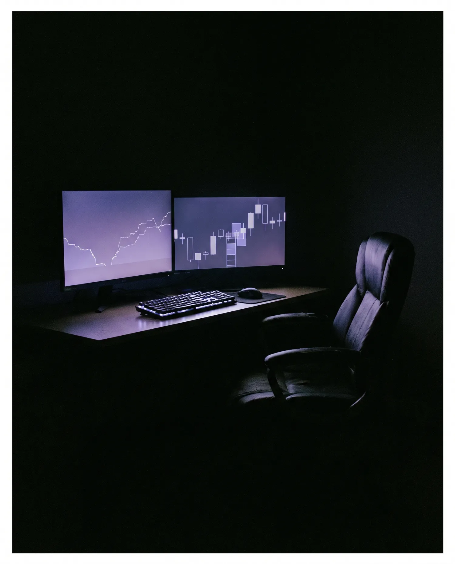A single trading terminal in an unlit private office at night
