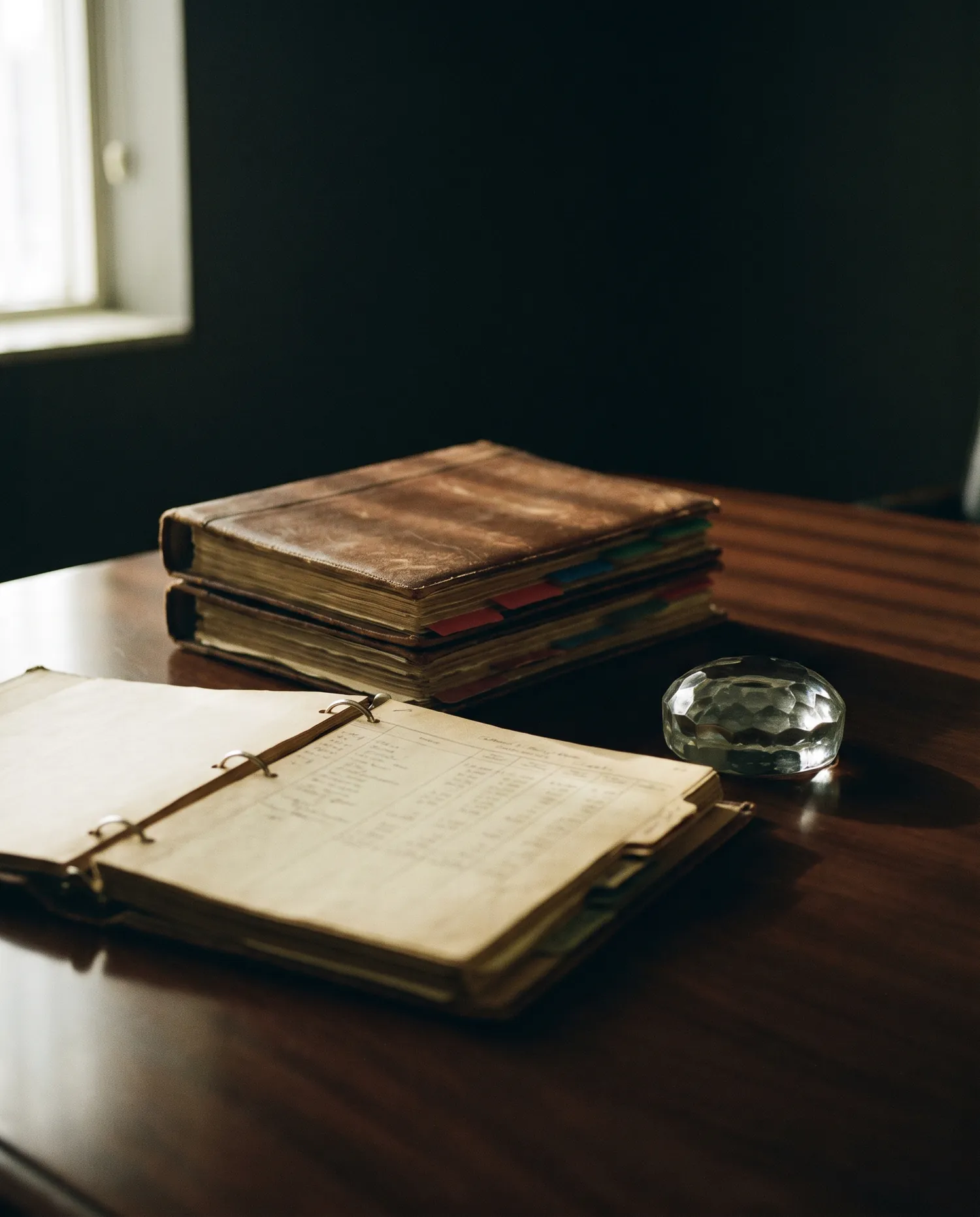 Leather-bound deal binders with index tabs on a dark boardroom table