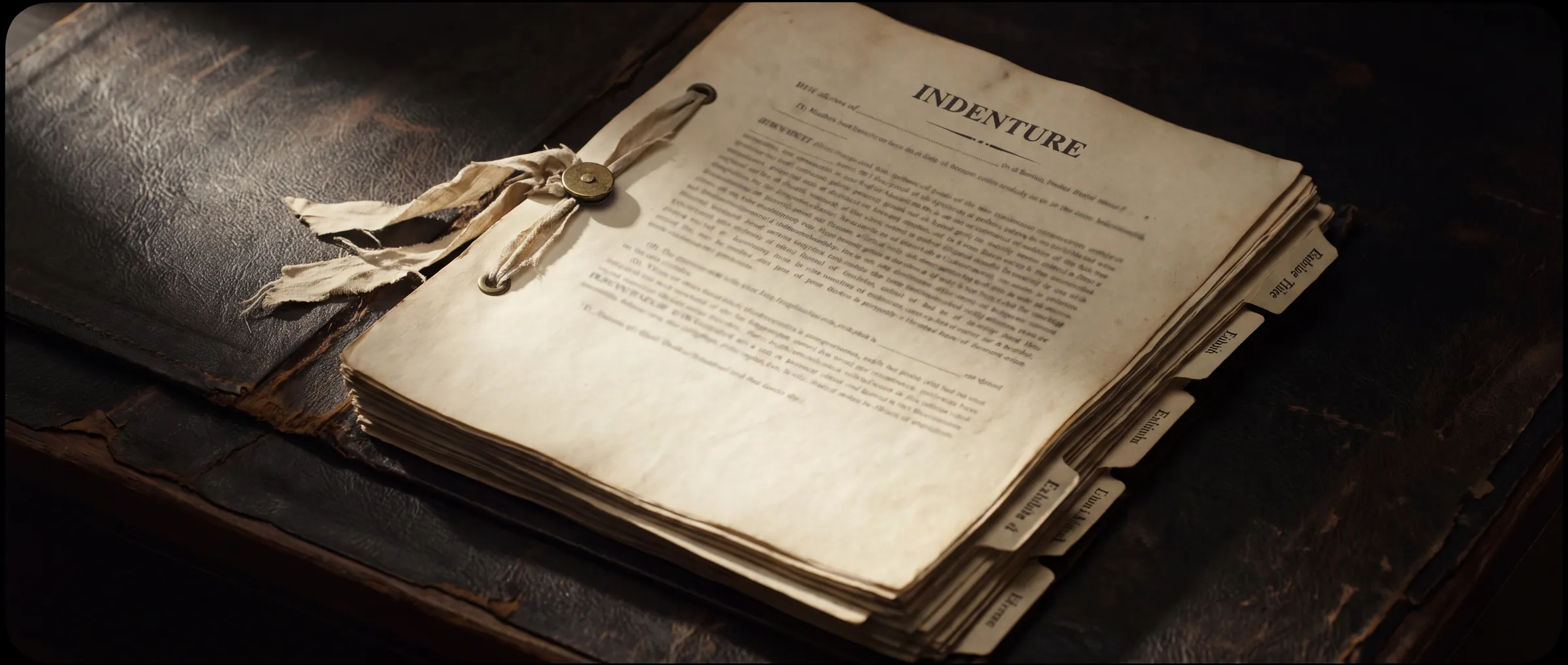 A bound indenture with tabbed exhibits on dark leather