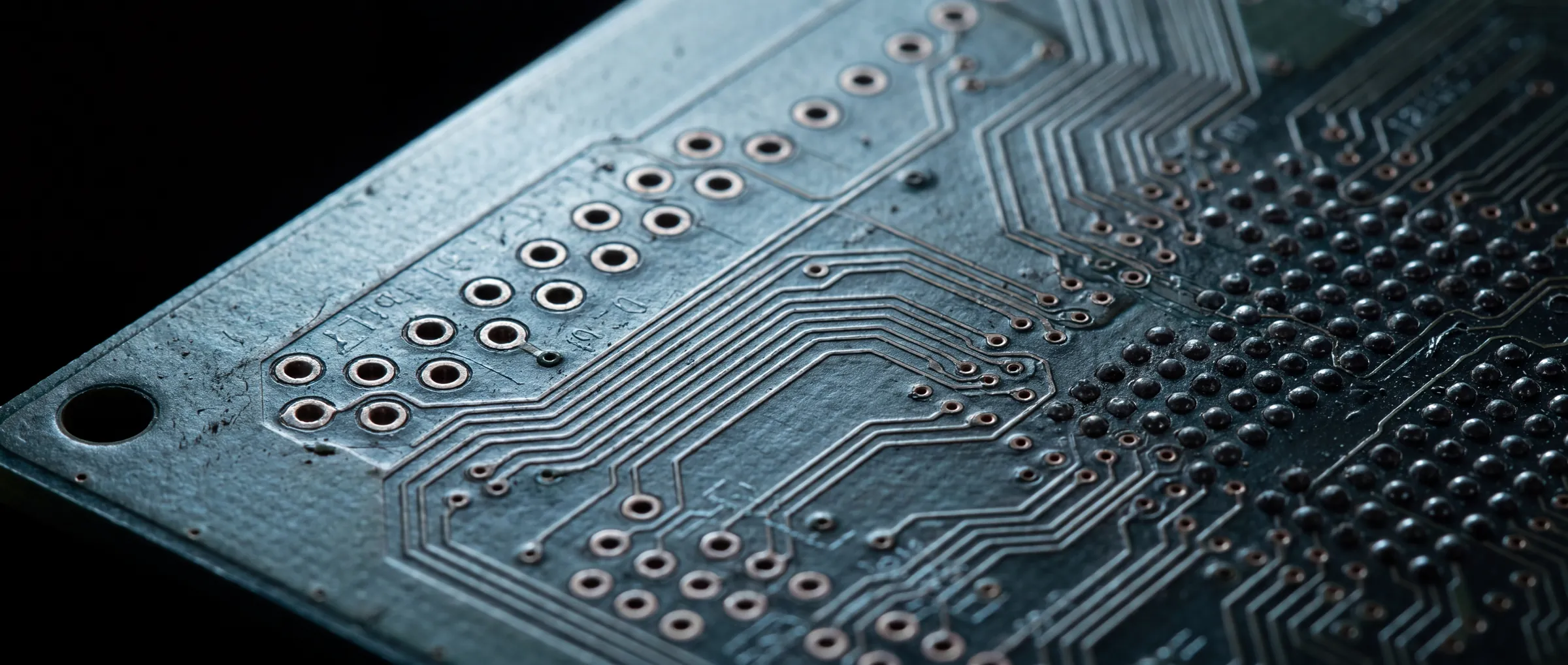 Macro detail of a printed circuit board, copper traces routing between plated through-holes
