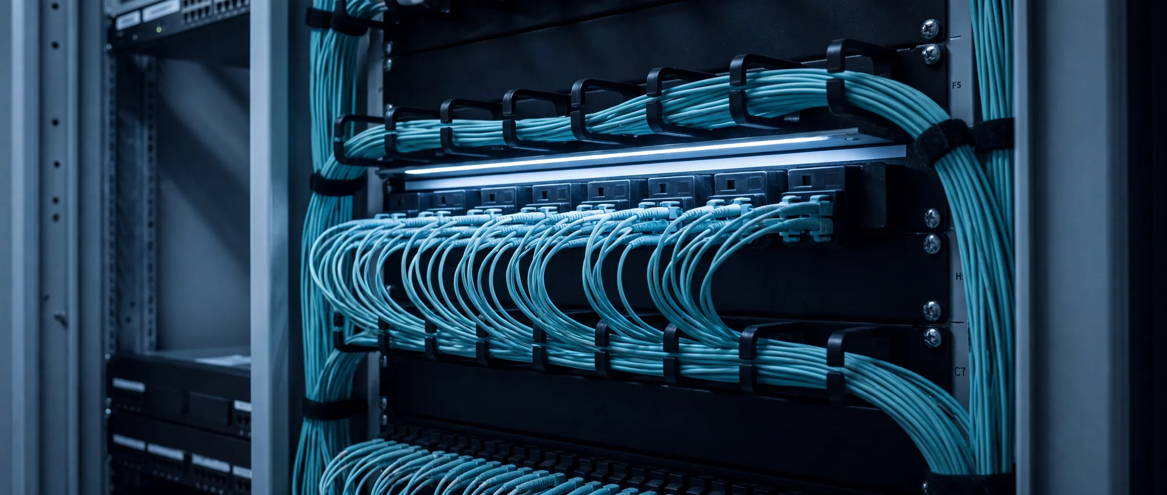 A fibre optic patch panel, dense ordered bundles of aqua patch cords in service loops